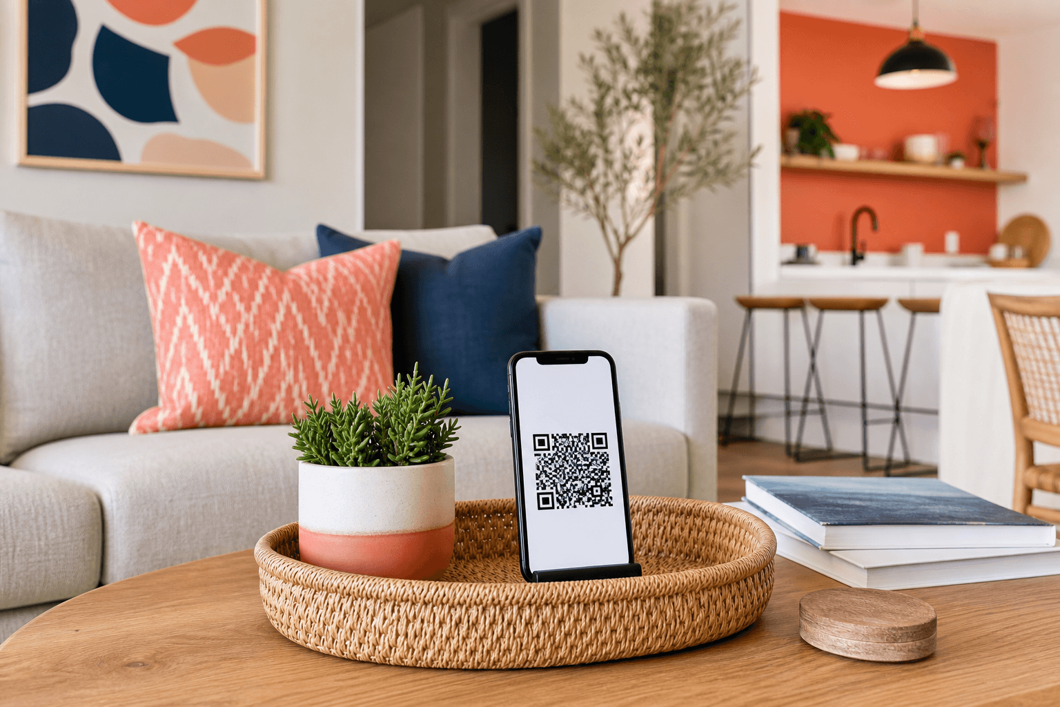Vacation rental living room with a QR code for guest purchases