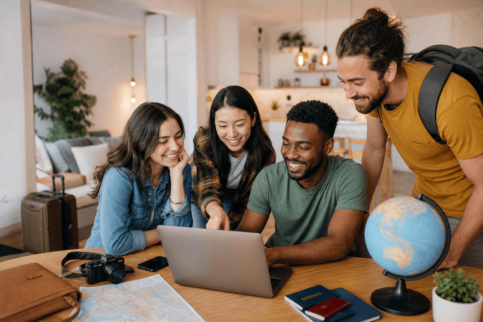 International guests in a modern rental with travel items