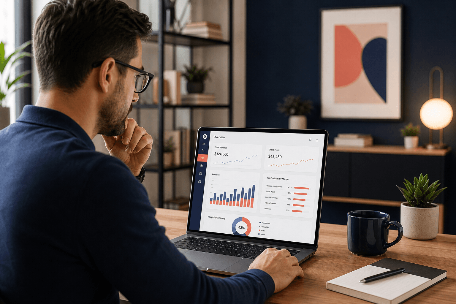 Host reviewing product margins and pricing on a laptop
