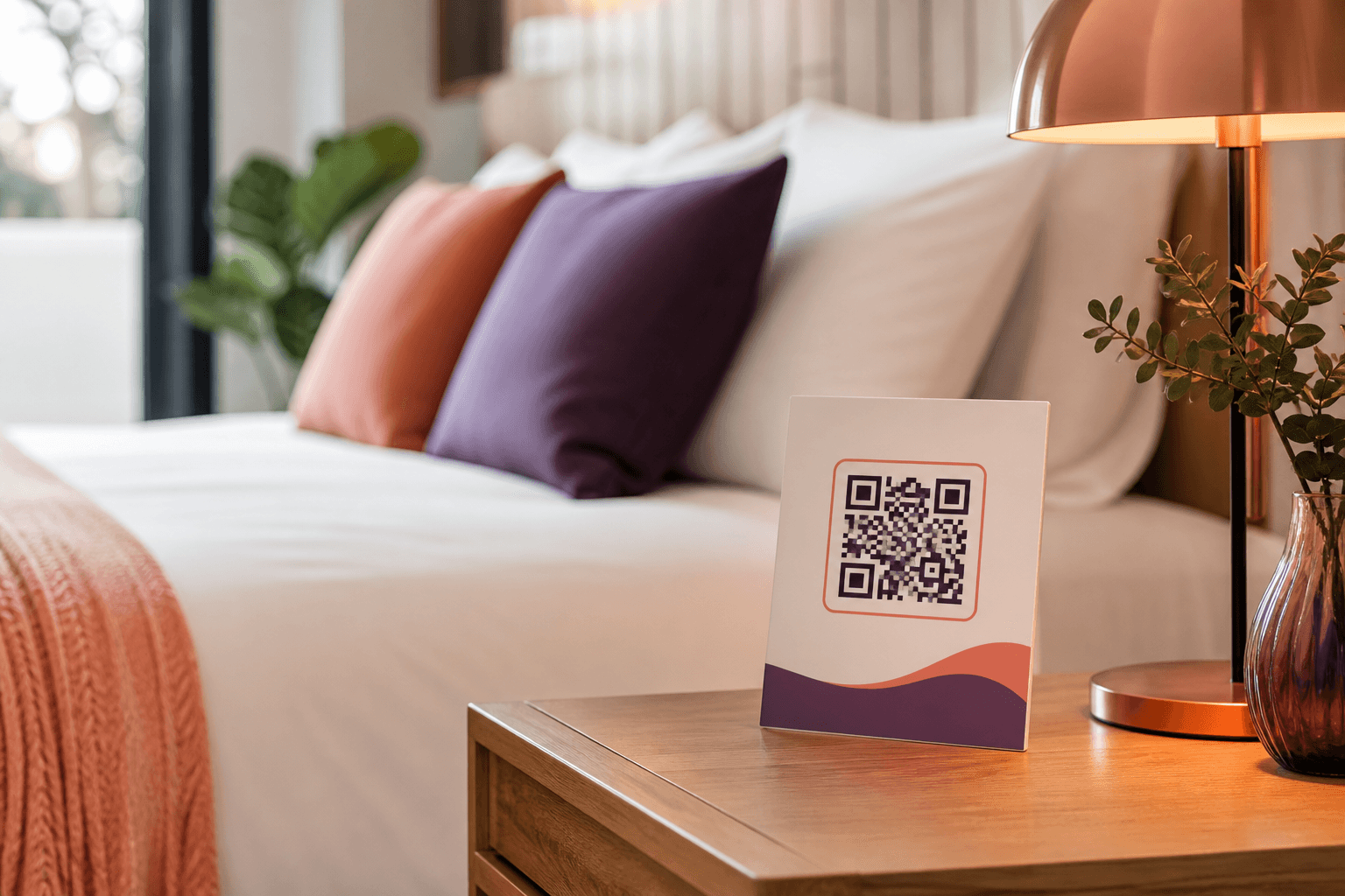 QR code card on a nightstand in a modern rental