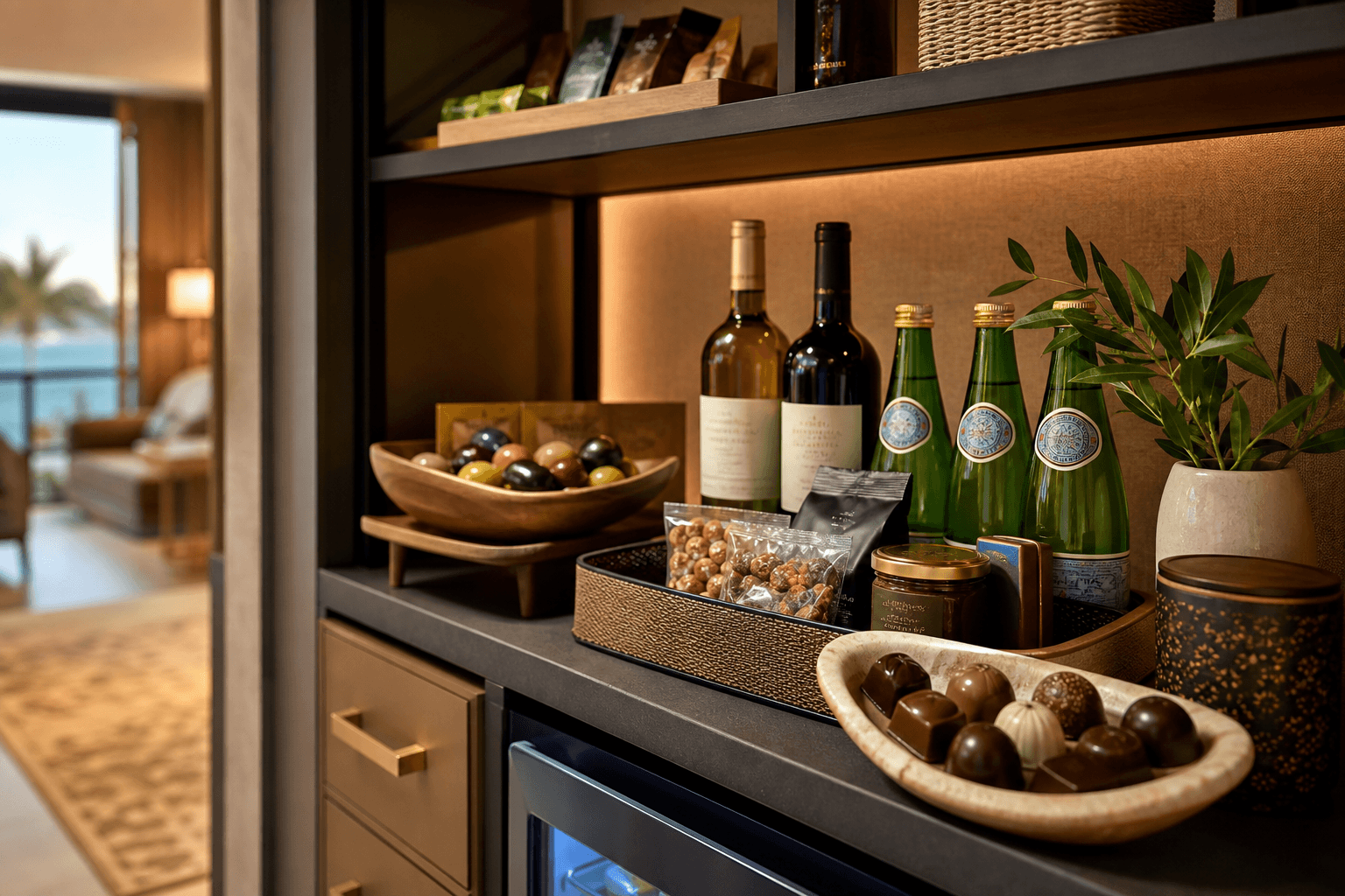 Curated snacks and drinks display in a vacation rental