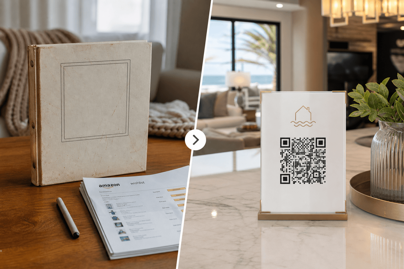 Comparison of old welcome binder vs modern QR card in rental