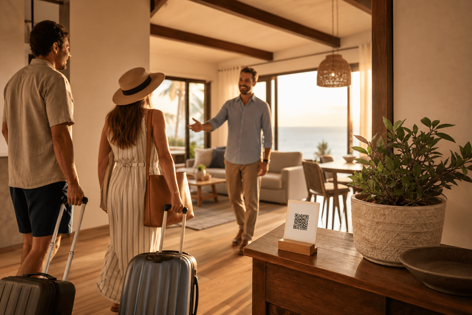 Guests checking into a vacation rental at golden hour
