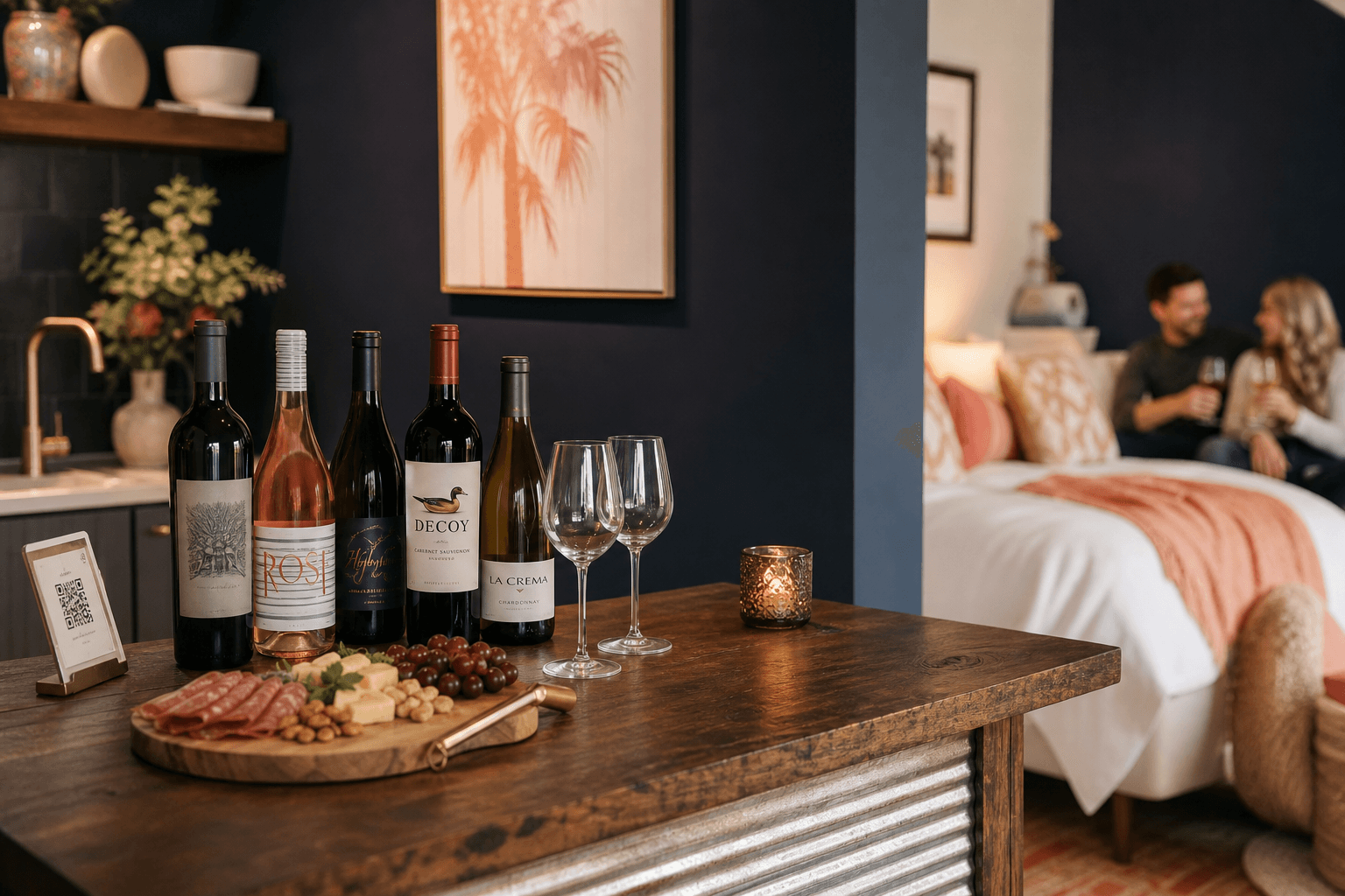 Chilled cava bottles in a vacation rental fridge with a QR code for guest purchases