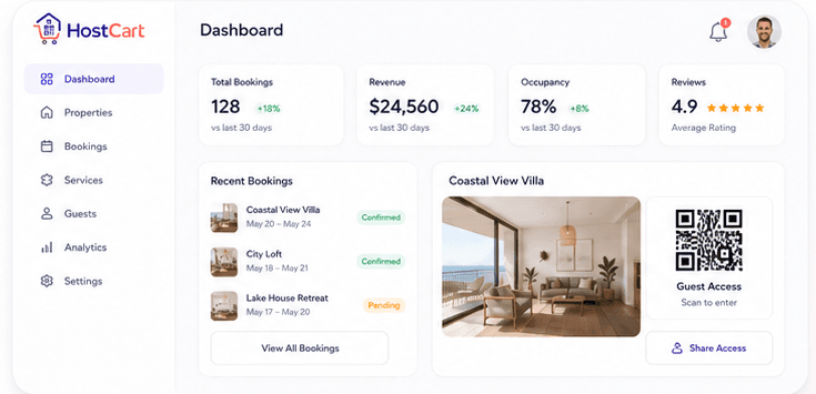 HostCart dashboard preview with revenue, orders, QR access, and guest checkout controls