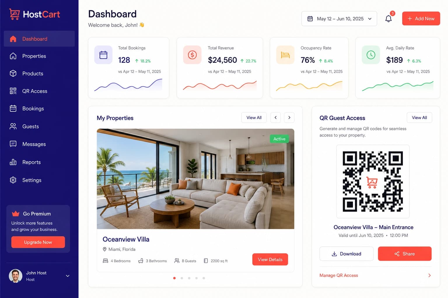 HostCart dashboard preview with revenue, orders, QR access, and guest checkout controls